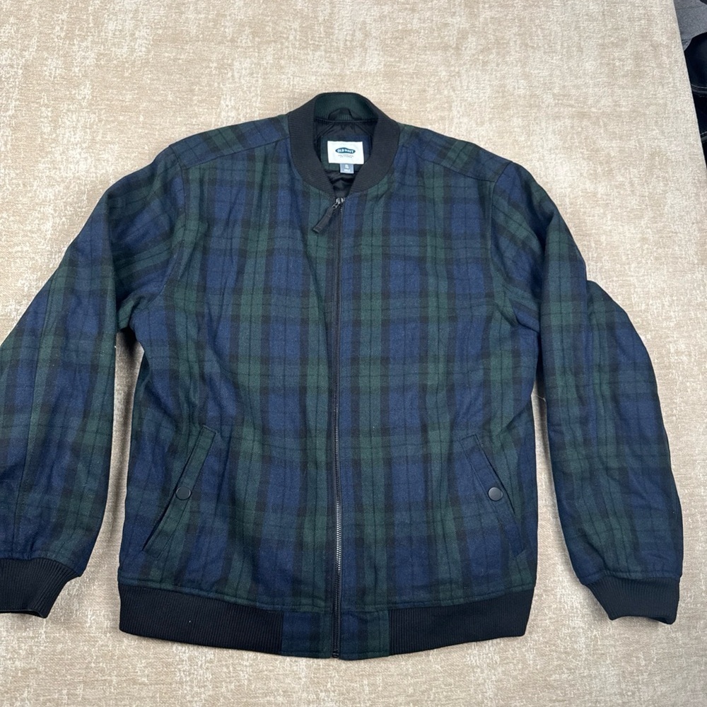 Old Navy Bomber Jacket XL   Mens Green Plaid Wool Blend Full Zip Pockets DV